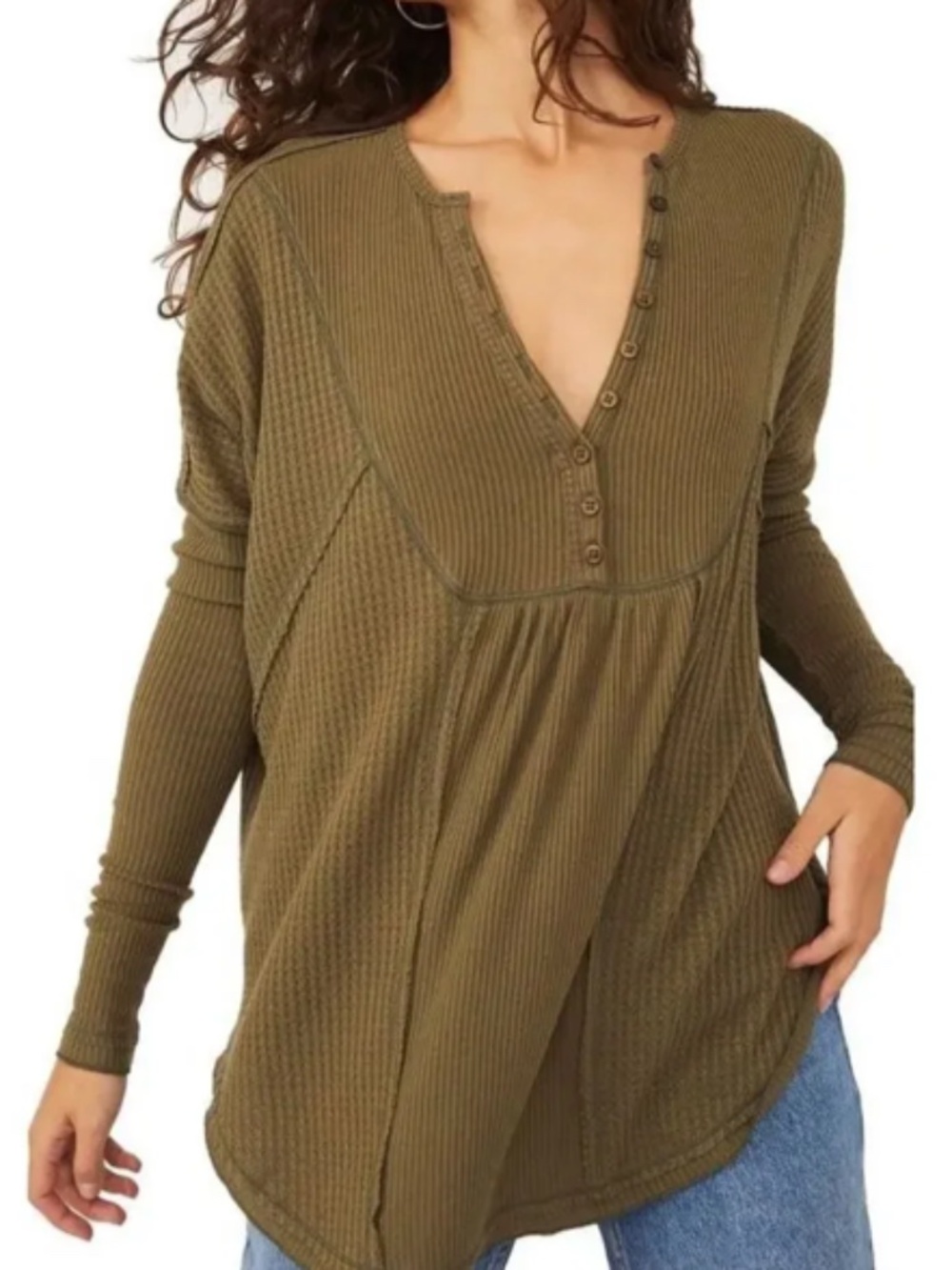 Free People Olive Green Leo Henley Long Sleeve Thermal Oversized Tee Sz S